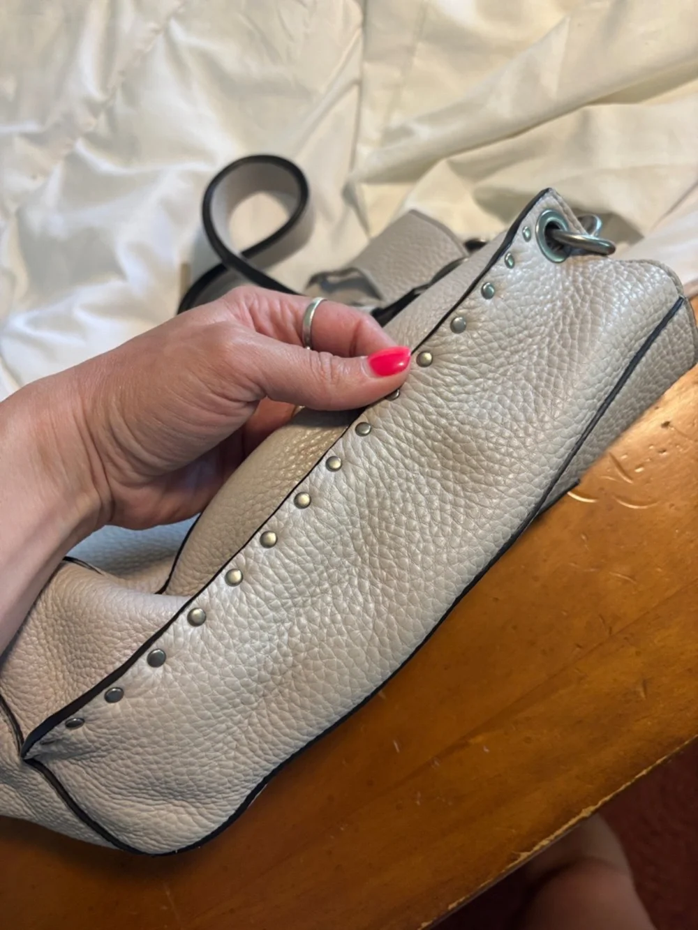 Leather Hobo Shoulder Studded Bag in Light Grey